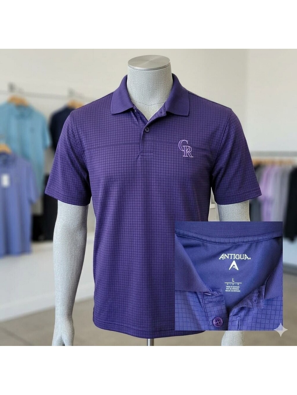 Antigua Colorado Rockies Men's Polo Shirt SZ L Purple Grid Short Sleeve MLB 256